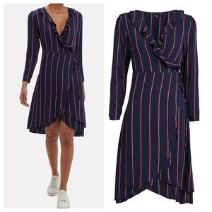 RAILS Womens Priya Striped Ruffle Wrap Dress V-neck Long Sleeve Navy XS NWT